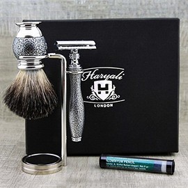 Silver Antique Selection – 3 Piece Shaving Set: Pure Badger Hair Shaving Brush, Safety Razor & Razor Stand for Razor and Brush + Free Aluminium Stick > Great Gift for Any Gentleman Vintage Inspired Collection