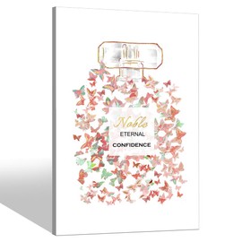 Fashion Perfume Canvas Wall Art: Glam Pink Butterfly Vogue Bottle Prints Picture Modern Chic Trendy Beautiful Gold Foil Painting Artwork for Makeup Room Girls' Bedroom