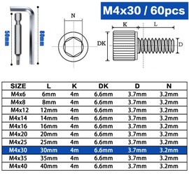 TXXATX Pack of 60 Cylinder Head Screws M4 x 30 mm Screws Stainless Steel A2 V2A DIN 912 Hexagonal Screws Cylinder Screws with Hexagon Socket Full Thread Allen Screws for Mechanical Furniture Repair