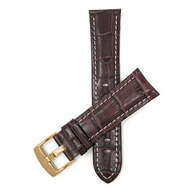 Bandini Extra Long (XL) 20mm Mens Italian Leather Watch Band Strap - Brown - White Stitch - Alligator Pattern - Gold Buckle