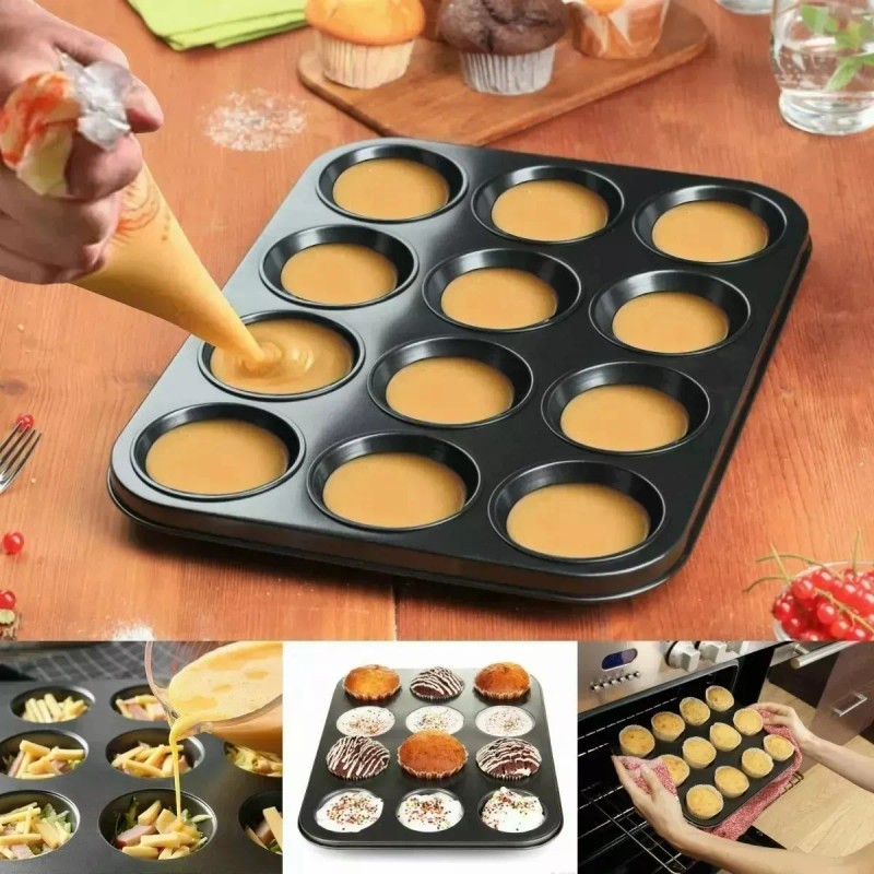 3 Moldes Charola 12 Cupcakes Acero Anti-adherente Repostería