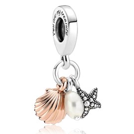 Treated Freshwater Cultured Pearl, Starfish & Shell Triple Dangle Charm for Bracelets Necklaces,925 Sterling Silver Beads with Jewelry Gift for Women Girls Family & Friends at Christmas
