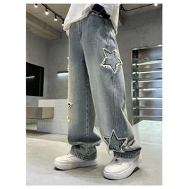 SHENHE Boy's Star Baggy Jeans Teen Boys Straight Wide Leg Denim Pants with Pockets Light Wash 8-9Y