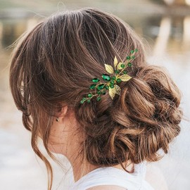 Bridal Hair Comb Emerald Green Crystal Gold Leaf Vine Hair Piece Accessories for Wedding Bride Women Party (Green, One Size)