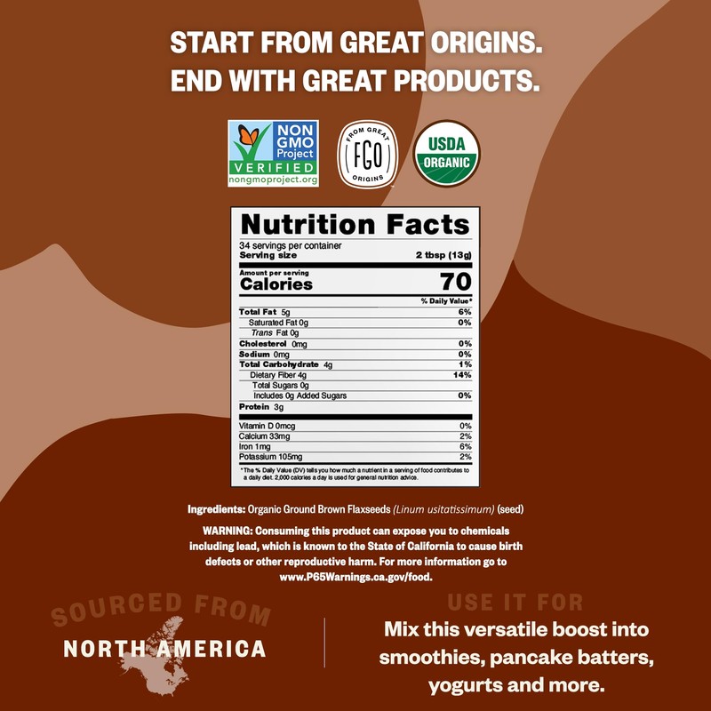FGO Organic Ground Brown Flaxseed Meal, 2 Pound / 32oz