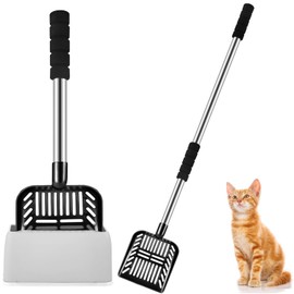 32 Inch Cat Litter Scooper Metal Long Handle with Cat Litter Scoop Holder Deep Cat Sifter Shovel Detachable Stainless Steel Litter Sifter Scooper Caddy Kitty Litter Scooper with Box for Cat (Black)