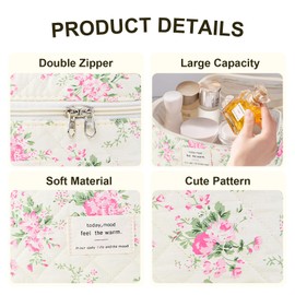 GISMTR Makeup Bag, Floral Quilted Cosmetic Bag, Large Travel Aesthetic Make up Bag, Cute Coquette Toiletry Bag for Women Girls, Flower G