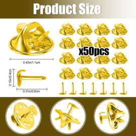 Pin Backs, 50 Pcs Metal Pin Backings, Backs Locking Pin Keepers Clasp Metal Pin Backs for Jewlery, Crafts, Lapel Pins (Gold)