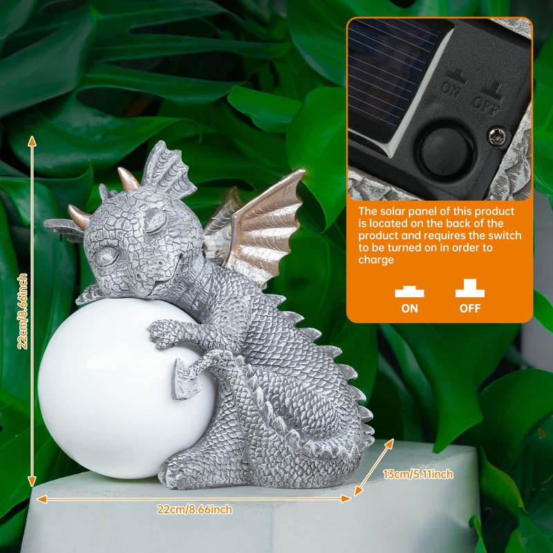 Euiroet 8.6" Solar Dragon Garden Statue,LED Figurine Light,Resin Outdoor Sculpture,Solar
