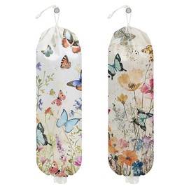 2Pcs Vintage Floral Plastic Bag Holder, Wall Mount Trash Bag Holder, Summer Floral Colorful Butterfly Reusable Grocery Bags Storage Dispenser for Home Kitchen Pantry, Butterfly Gifts for Women
