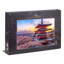 Ulmer Puzzleschmiede - Fujiyama Jigsaw Puzzle - Classic 1000 Piece Jigsaw Puzzle - Chureito Pagoda at Fujiyoshida with view over cherry blossoms on Mount Fuji, the landmark of Japan