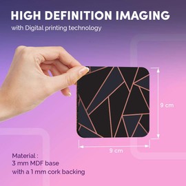 Destination Vinyl ltd Great Coasters (Set of 4) Square - Rose Gold Black Art Deco Elegant Pattern Drink Glossy Coasters/Tabletop Protection for Any Table Type #24121