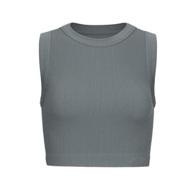 AUROLA Essentials Rib Seamless Sleeveless Tank for Women Subtle Logo Round Neck Active Workout Crop Top,Steel Grey,XS