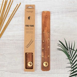 Myga Wooden Incense Holder - Handmade Natural Elm Wood Stick Burner - Ash Catcher Ideal for Meditation, Aromatherapy and Yoga - Great for Home Decoration (Ying Yang)