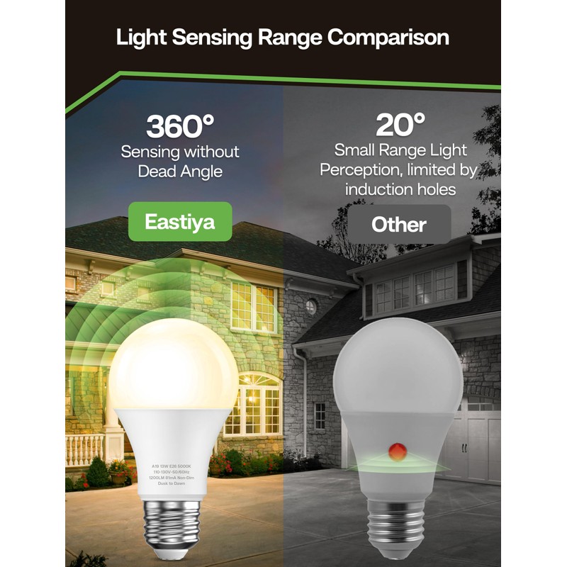 Eastiya Dusk to Dawn Sensor LED Outdoor Light Bulb, Warm