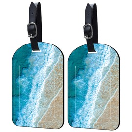 Neidius 2 Pack Luggage Tags Wave on Beach PU Leather Baggage Handbag Suitcase Tags with Secure Strap Privacy Cover ID Labels,Business Travel Baggage Tag Identifier