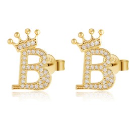 Letter Stud Earrings Crown Earrings for Girls 925 Sterling Silver Cubic Zirconia Initial Stud Earrings Hypoallergenic Earrings for Women (B)