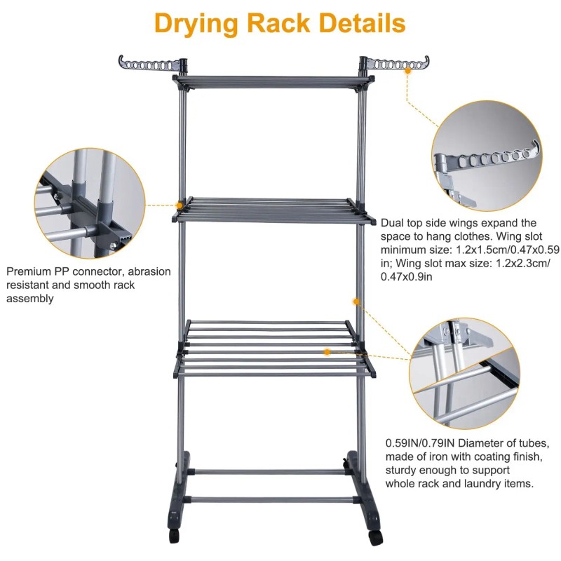 Dual Side Wings Rolling Collapsible Clothes Drying Rack Laundry Dryer