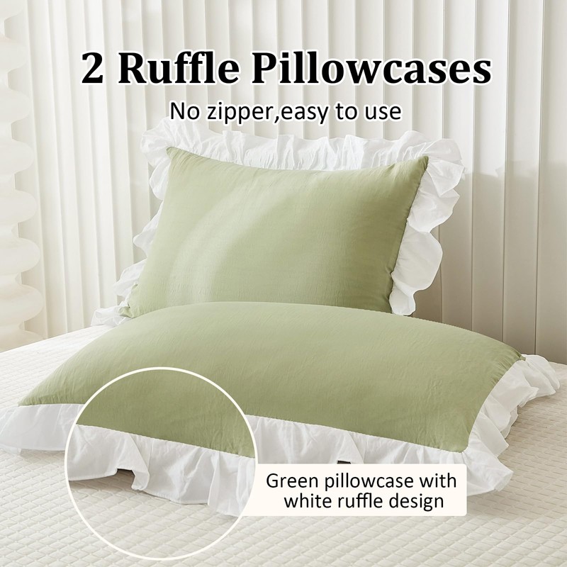3 Pieces Green White Ruffle Frills Design Bedding Sets for