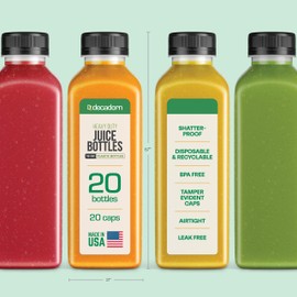 DECADORN 12oz 20pcs Juice Bottles With Caps - MADE IN USA Juice Containers With Lids For Fridge - Juicer Bottles With Tamper Evident Caps, Shatterproof, BPA-Free, Leak proof, Disposable & Recyclable