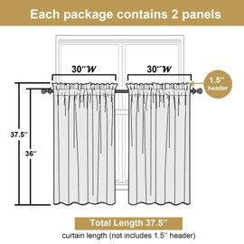 Lecloud Leia - Cortinas de cocina transparentes negras de 36 pulgadas de largo, 2 paneles, cortinas cortas de gasa con textura de hoja jacquard, doble bolsillo para barra, capas semi transparentes