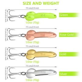 4 Pices Fishing Lures Fishing Spoons Treble Hooks Spinning Lures Hard Metal Spinner Baits kit, 1/2oz, Gold, Silver, Rose Gold, Green