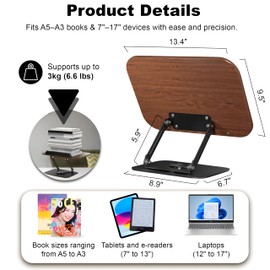 Adjustable Book Stand for Reading with 360° Rotating Base, Foldable & Lightweight Book Holder, Height & Angle Adjustable for Textbooks, Tablets, Recipes, Office, Kitchen, School Use