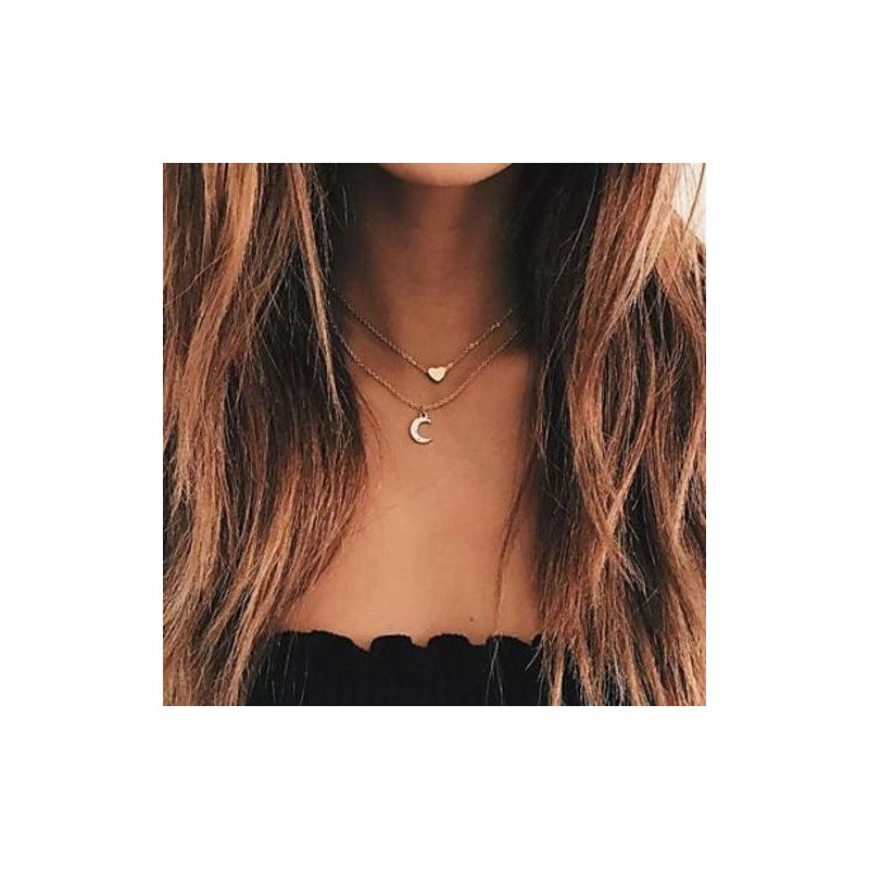 Moon and Heart Two Layer Necklace