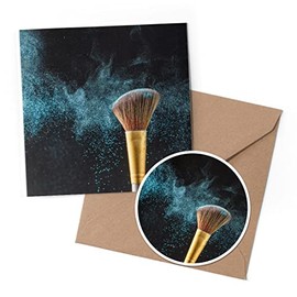 1 x Greeting Card & 10 cm Round Sticker Set - Blue Makeup Brush Art Girls - Birthday Thank You Friend Lover Fan Mum Dad Kids #3115
