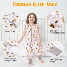 Baby Schlafsack Sommer mit Füßen 0.5 Tog 100% Baumwolle Kinder Sommerschlafsack für Jungen und Mädchen (Biene, XL/4-6T)