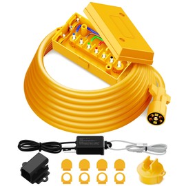 MICTUNING Heavy Duty 7 Way Plug Inline Trailer Cord with 7 Gang Junction Box, 12V Breakaway Switch and Plug Holder for RV Trailers 12 Feet, Yellow