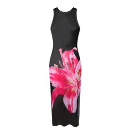 Verdusa Women's Floral Sheer Mesh Coverup Long Dress Split Thigh Sleeveless Beach Dresses Black and Pink Medium