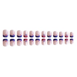 Independence Day Press on Nails Short Square Fake Nails with Glitter Star Designs Red Blue French Tip Nails Press ons Nude False Nails Glossy Glue on Nails 4th of July Stick on Nails for Women 24Pcs