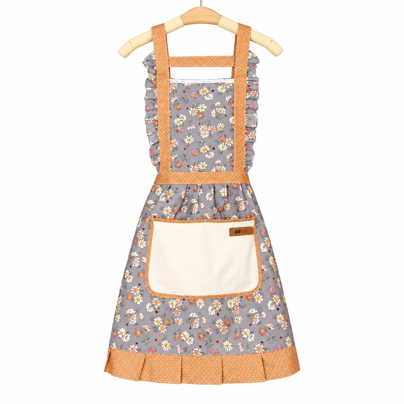 Retro Floral Canvas Apron for Kitchen Cooking – Ruffle Edge