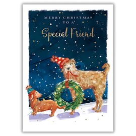 Special Friend Christmas Card - Dachshund and Terrier Dogs with Wreath - Artistic Festive Design - Special Finishes - Made in the UK - Eco-Friendly