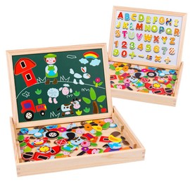 Uping Magnetic Wooden Puzzle Easel Double-Sided Board Wooden Board Doodle 155 Pieces for Children from 3 Years Farm