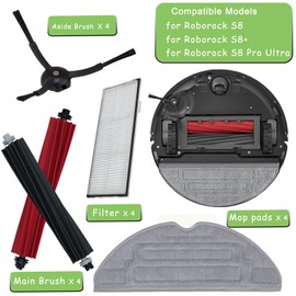 AiLomey Roborock S8 / S8+ Accessories Replacement Parts for Roborock S8 Pro Ultra, 2 Main Brushes, 4 Wipes, 4 Filters, 4 Side Brushes