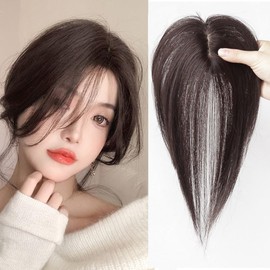 Forehead Fringe Bangs Extension Human Hair 4x8cm Mini Hairpiece Clip in 25cm Head Top Replacement Topper (Middle Part French Temple Brown)