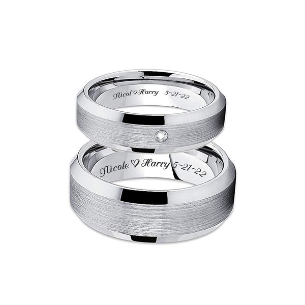 Personalized Silver Tungsten CZ Ring Set Custom Engraved Free In