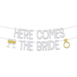 Here Comes The Bride Banner, decoraciones de despedida de soltera, decoraciones de fiesta de compromiso, suministros de decoración de despedida de soltera, plateado y dorado
