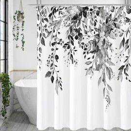 Gibelle Black and White Eucalyptus Shower Curtain, Grey Watercolor Plant Leaves with Floral Bathroom Shower Curtain Set, 72x72