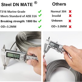 Steel DN Mate 220 Feet T316 1/8 Stainless Steel Cable, Aircraft Wire Rope for Cable Railing Kit, Stair Railing, 7x7 Strands, 1800 lb Breaking Strength, Deck Railing Wire with Cutter, Marine Grade DW22