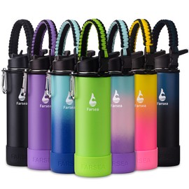 Farsea Insulated Water Bottle With Paracord Handle, Protective Boot and 2 Lids (Straw Lid & Spout Lid), Stainless Steel Water Bottle Wide Mouth, Double Wall Sweat-Proof BPA-Free, 24 oz