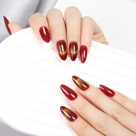 24PCS Red Short False Nails，French Style Golden Cat's Eye False Nails，Cat Eye Press On Nails，Paired with jelly glue and nail files，Full Cover Long Lasting Stick on Nails, detachable DIY nail art.