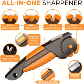 Orange Ninja 7-in-1 Garden Tool & Knife Sharpener – Sharpens Pocket Knives, Axe, Hatchet, Machete, Pruner & Shears – One Tool for All Your Outdoor Blades by Sharp Pebble