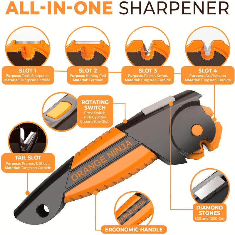 Orange Ninja 7-in-1 Garden Tool & Knife Sharpener – Sharpens