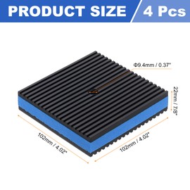 sourcing map 4pcs Anti Vibration Pads for Washing Machine, 4.02'' x 4.02'' x 7/8'' Vibration Damping Pads Sound Isolation Ribbed Rubber Mats with EVA Center with Pre-Drill Hole, Black/Blue