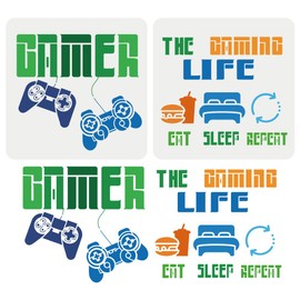 FINGERINSPIRE 2pcs Eat Sleep Game Painting Stencil 30x30cm Reusable Game Controller Pattern Drawing Template Game Room Decoration Stencil for Painting on Wood Wall Fabric Paper Furniture