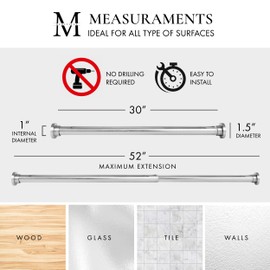 Meriville 1-inch Diameter Metal Spring Tension Rod, Closet Rod, Tension Curtain Rod, Shower Curtain Rod, Adjustable Length 30-inch to 52-inch, Satin Nickel