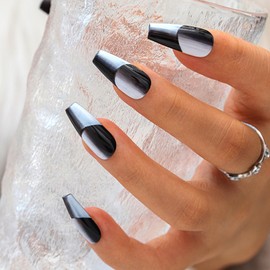 Sethexy Long Coffin False Nails Handmade French Gradient Press On Nails Hand-painted Glossy Acrylic Fake Nails Checkerboard Salon Quality Nail Art Removable for Women and Girls(T)